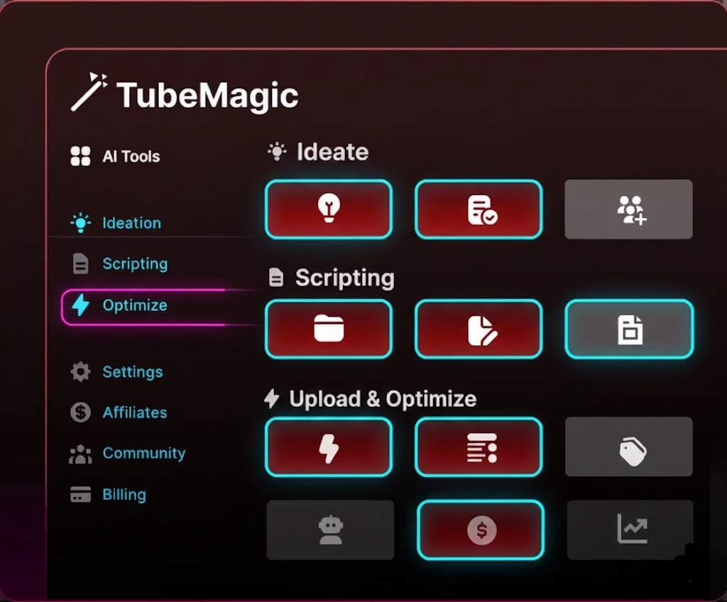 Tube Magic AI interface showing video ideas, scripts, and SEO optimization tools in a dark 3D dashboard